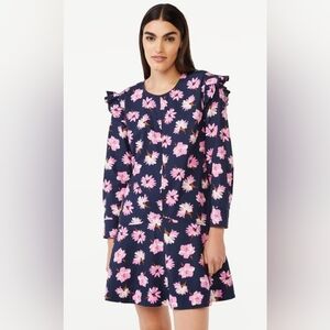 100% Cotton Navy and Pink Floral Dress Flutter Sleeve Long Sleeve